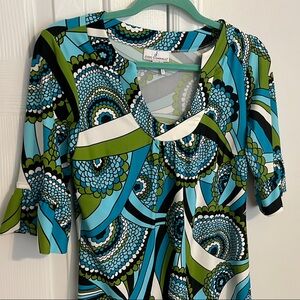 Jude Connally Vibrant Blue and Green Patterned Dress, Medium